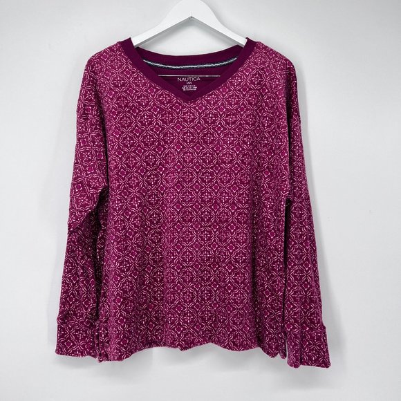 Nautica Womens V-Neck Pullover Patterned Cozy Fleece Pajama Top Purple Large NWT - Picture 2 of 6